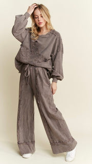 Mineral Frayed Plaid Trim Terry Knit Pants