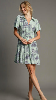 Landscape Print Scallop Trim Dress