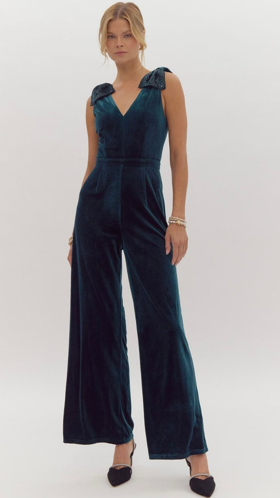 Velvet Sequin Bow Shoulder Jumpsuit