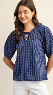 Pleated Puff Sleeve Lace Up Top