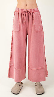 Reverse Terry Frayed Trim Wide Leg Pants