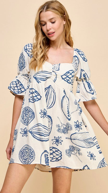 Tropical Fruit Puff Sleeve Dress w/Pockets