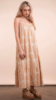 Palm Tree Embroidered Tie Midi Dress