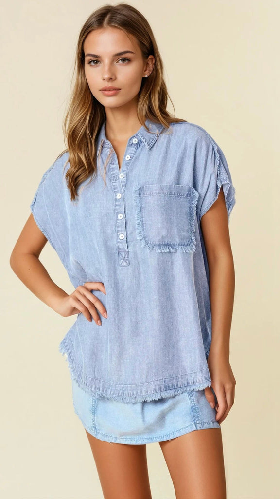 Frayed Trim Tencel Denim Top