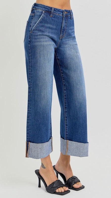 High Rise Ankle Wide Leg Cuff Jean