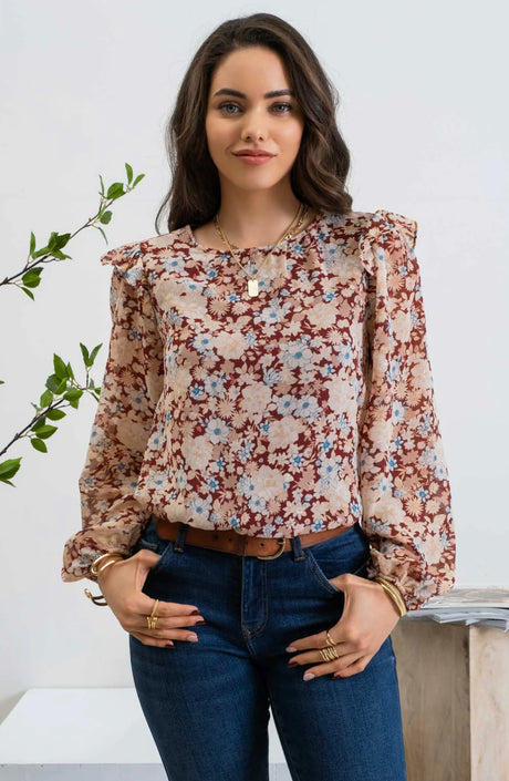 Gold Fleck Floral Ruffle Sleeve Top