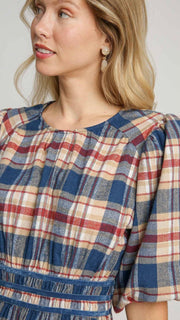 Plaid Flannel 1/2 Sleeve Velvet Trim Dress