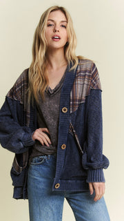 Mineral Wash Plaid Accent Slouch Cardigan