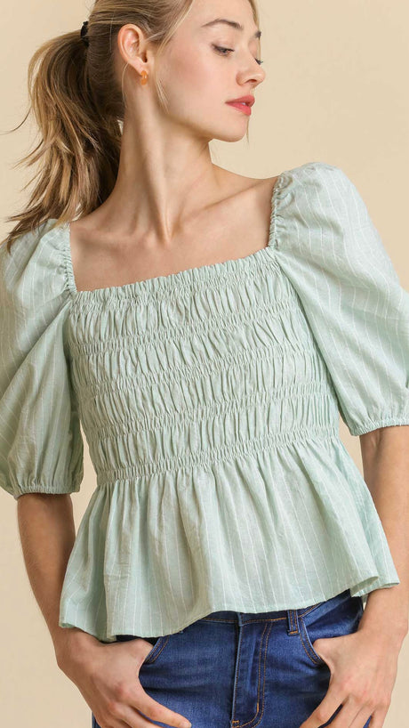 Stripe Smocked Bodice Puff Sleeve Top