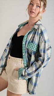 Mixed Fabric Plaid Button Down Top