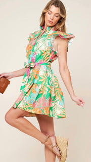 Tropical Print Ruffle Trim Dress