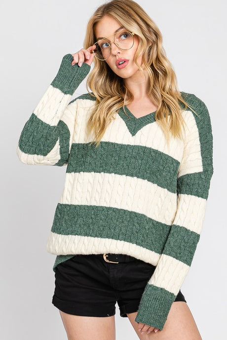 Cable Knit Stripe V-Neck Sweater