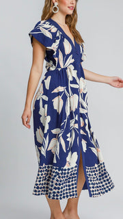 Floral V-Neck Button Midi Dress