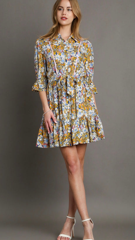 Daisy Print Ruffle Half Sleeve Dress