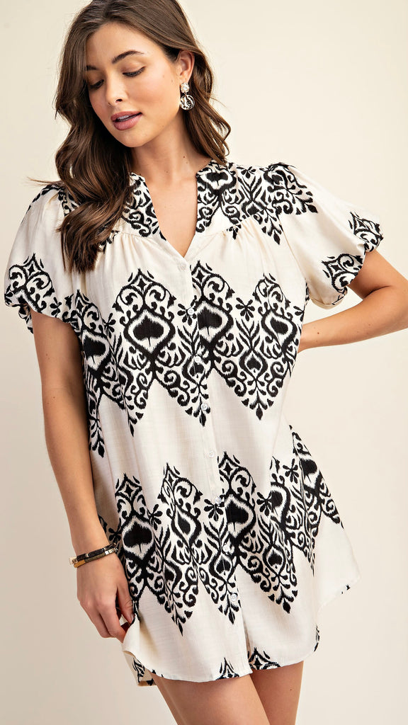 Damask Print Puff Sleeve Dress