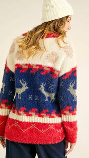 Holiday Reindeer+Snowflake Vneck Sweater