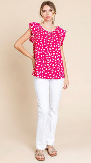 Dot Double Ruffle Shoulder Top