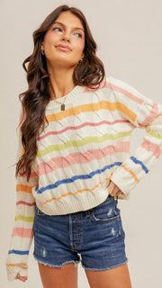 Cable Knit Mixed Stripe Sweater