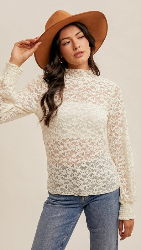 Lace Bubble Sleeve Mock Neck Top