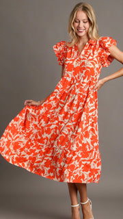 Floral Ruffle Shoulder Midi Dress