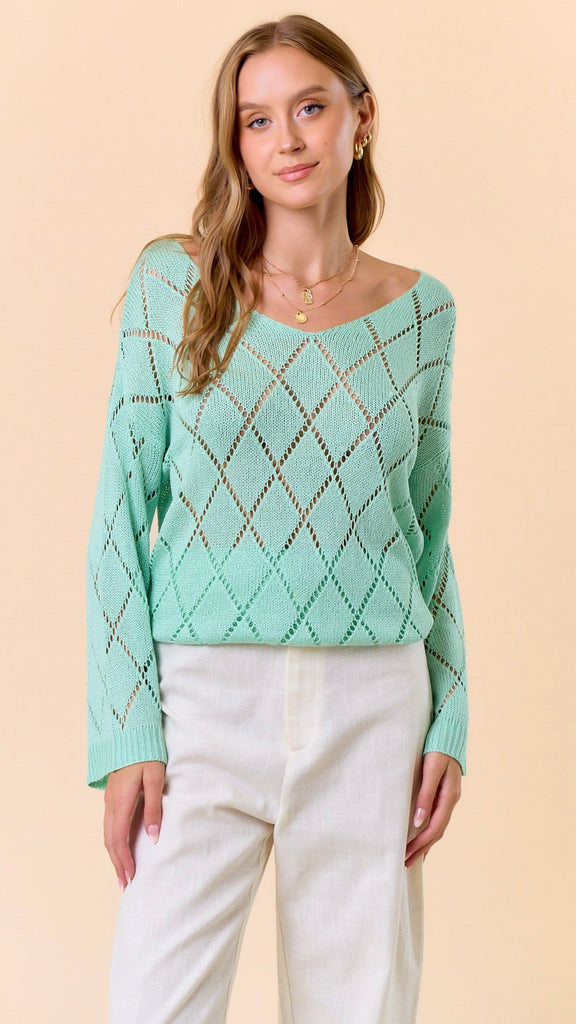 Diamond Pointelle V-Neck Sweater