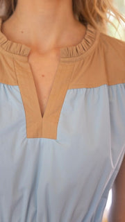Color Block Ruffle Shoulder Midi Dress