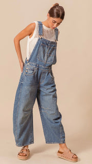 Barrel Leg Washed Denim Overalls