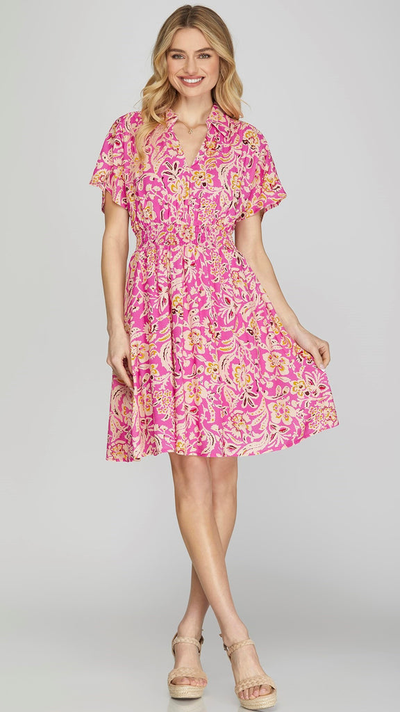 Floral Smocked Wst Dress with Collar