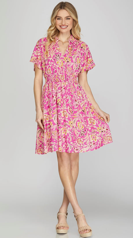 Floral Smocked Wst Dress with Collar