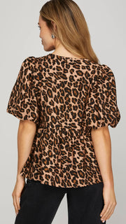 Leopard Puff Sleeve Babydoll Top