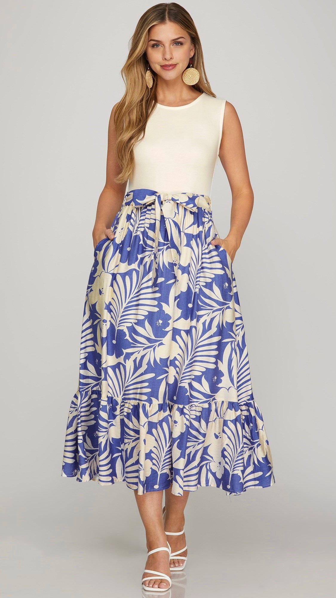 Palm Floral Knit+Woven Midi Dress | Catfish & Tater Boutique Palm Floral Knit+Woven Midi Dress | Catfish & Tater Boutique