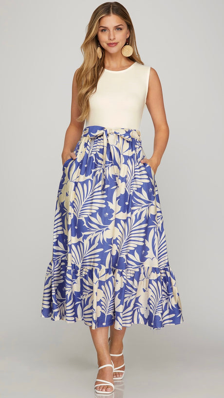 Palm Floral Knit+Woven Midi Dress