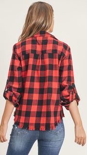 Fray Hem Buffalo Plaid Roll Cuff Top