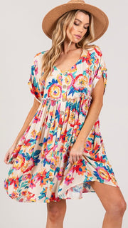 Bold Floral Babydoll Dress w/Pockets