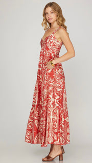 Block Print Pintuck Bust Maxi Dress
