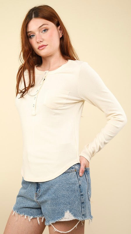 Snap Henley Brushed Rib Knit Top