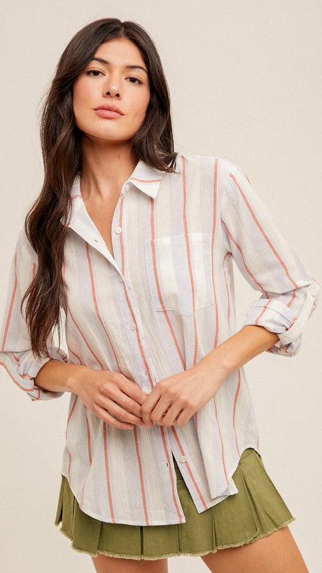 Cotton Stripe Roll Cuff Top