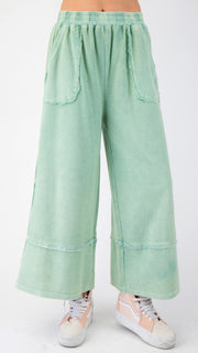 Reverse Terry Frayed Trim Wide Leg Pants