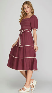 Smocked Bodice Contrast Midi Dress