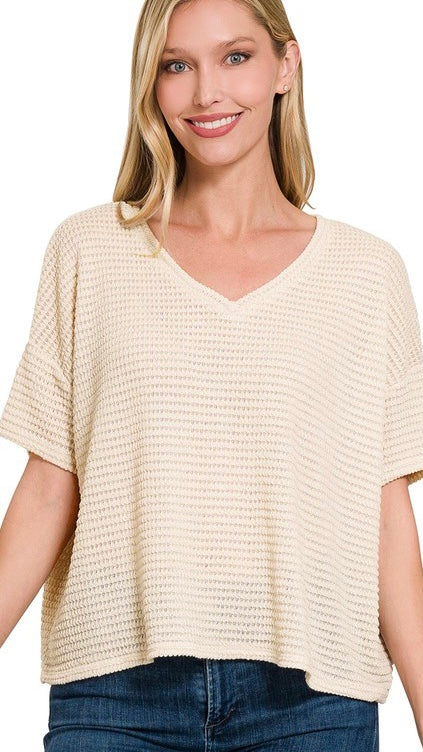 Textured Waffle Knit V-Neck Top