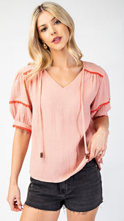 Scallop Trim Puff Sleeve Gauze Top