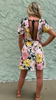 Floral Deep V-Back Dress w/Contrast Piping