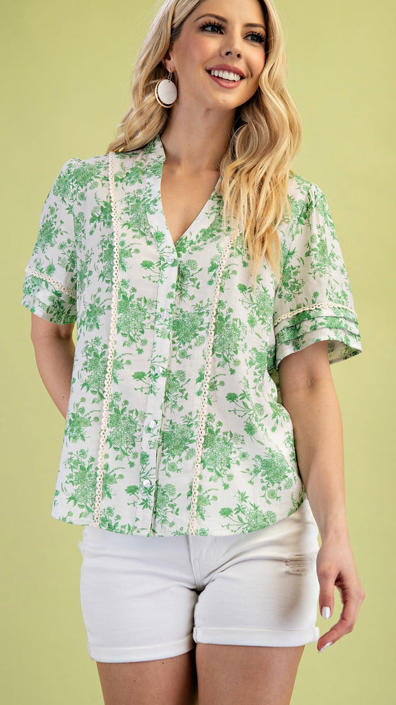 Floral Crochet Pleat Trim Top