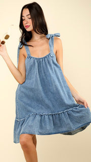 Washed Denim Ruffle Hem Dress