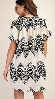 Damask Print Puff Sleeve Dress