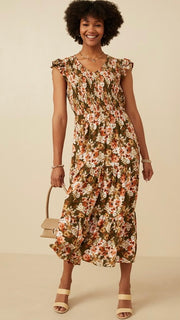 Floral Smock Front Ruffle Midi Dress