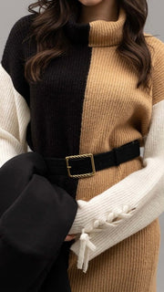 Tie Cuff Colorblock Cowl Sweater Dress