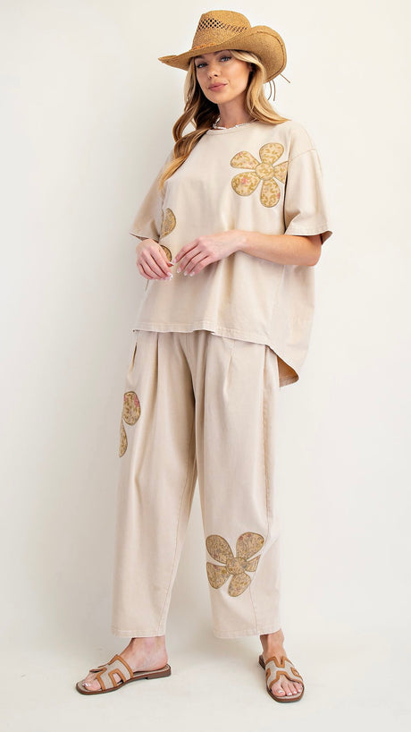 Flower Patch Cotton Knit Relaxed Pants