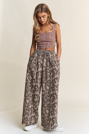 Animal Print Wide Leg Knit Pants w/Pkts