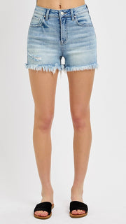 High Rise Fray Hem Stretch Shorts
